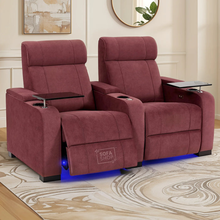 2 Seater Reclining Sofa with Electric Reclining, Massage, USB Ports, Cup Holders, Storage Boxes & LED Lights | Purple Velvet Sofa | Rimini | The Sofa Shop
