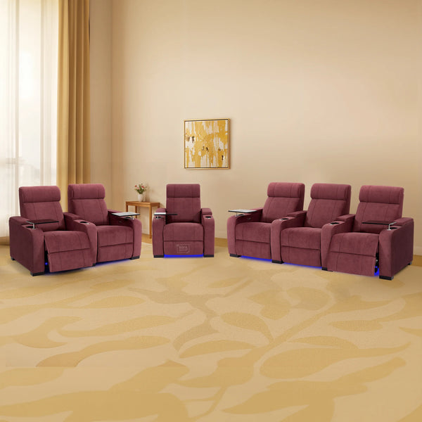 3+2+1 Reclining Cinema Seating Set | 3-Piece Multimedia Sofa Suite in Purple Fabric with Massage, Tables, LED & Chilling Cup Holders | Rimini | Sofa Shop