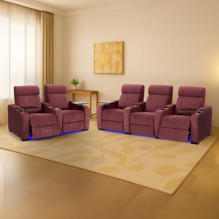 3+2 Seater Sofas with Electric Reclining, Massage Seats, USB Ports, Cup Holders & Storage Box, LED Light, Purple Velvet Sofa  | Rimini | The Sofa Shop