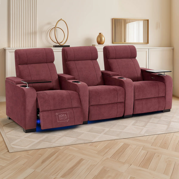 3 Seater Reclining Sofa with Electric Mechanism, Massage, USB Ports, Cup Holders, Storage Boxes & LED Lights | Purple Velvet Sofa | Rimini | The Sofa Shop