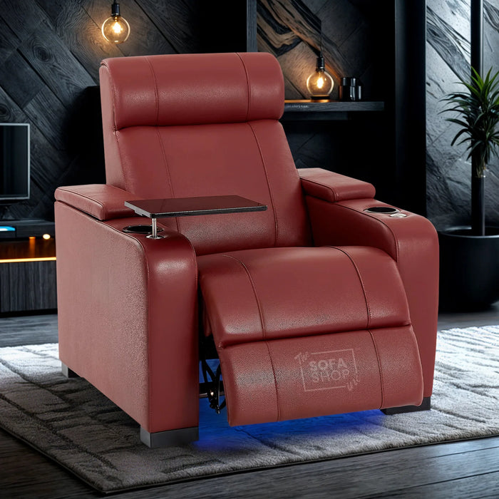 1 Seat Real Leather Electric Recliner Chair Home Cinema Sofa In Red with Chilled Cupholders + Storage + Power + USB + LED Lights | Rimini