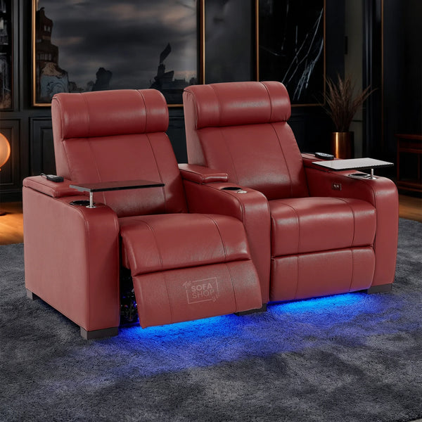 2 Seater Real Leather Electric Recliner Cinema Sofa in Red | Hi-Tech Cinema Sofa With Massage, Tray Tables & Cooling Cup Holders + USB Ports | Rimini | The Sofa Shop
