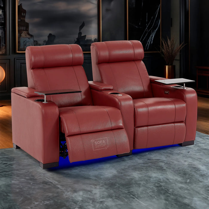 2 Seat Real Leather Electric Recliner Home Cinema Theatre Sofa In Red with Chilled Cupholders + Console + Power + USB + LED Lights | Rimini