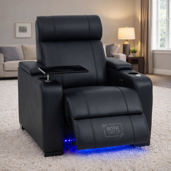 1 Seat Real Leather Electric Recliner Chair Home Cinema Sofa In Black With Chilled Cupholders + Storage + USB + LED Lights | Rimini Series One