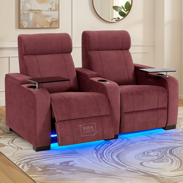 2 Seater Reclining Sofa with Electric Reclining, Massage, USB Ports, Cup Holders, Storage Boxes & LED Lights | Purple Velvet Sofa | Rimini | The Sofa Shop