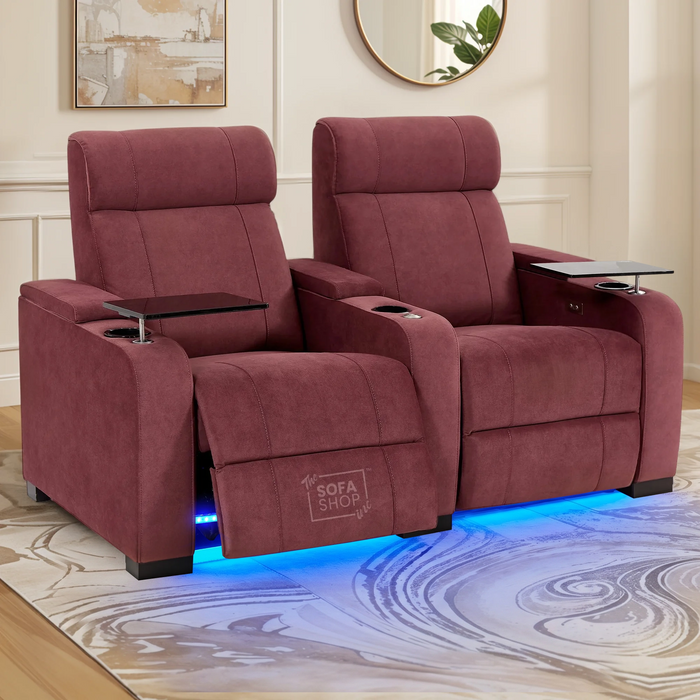 2 Seater Reclining Sofa with Electric Reclining, Massage, USB Ports, Cup Holders, Storage Boxes & LED Lights | Purple Velvet Sofa | Rimini | The Sofa Shop