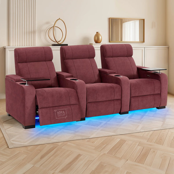3 Seater Reclining Sofa with Electric Mechanism, Massage, USB Ports, Cup Holders, Storage Boxes & LED Lights | Purple Velvet Sofa | Rimini | The Sofa Shop
