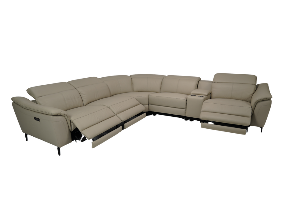 Cream Leather Curved Arm Recliner Corner Sofa with Power Headrest + USB + Storage + Silver Cup Holders - 34