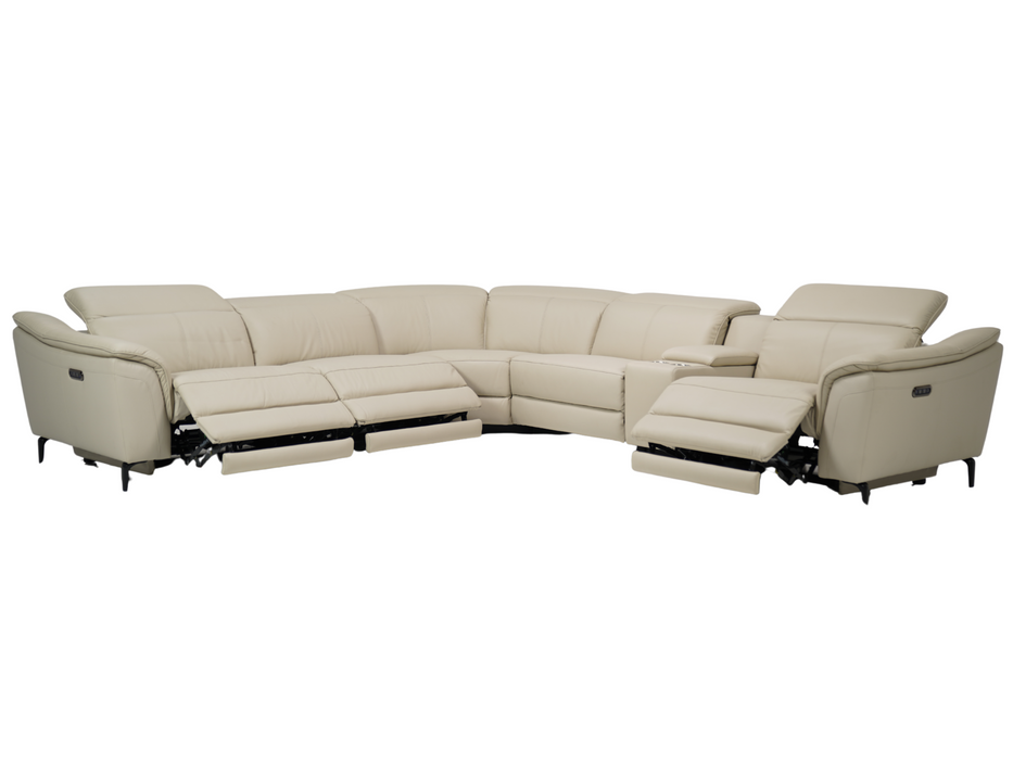 Cream Leather Curved Arm Recliner Corner Sofa with Power Headrest + USB + Storage + Silver Cup Holders - 34