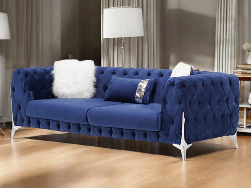 Sandringham 2 Seater Sofa In Blue Velvet | Missing 3 Buttons (Side Panel & Backrest) | Second Hand Sofas 31