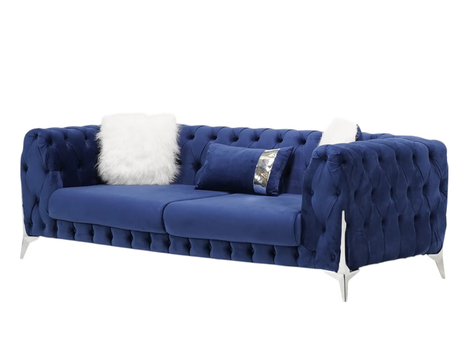 Sandringham 2 Seater Sofa In Blue Velvet | Missing 3 Buttons (Side Panel & Backrest) | Second Hand Sofas 31