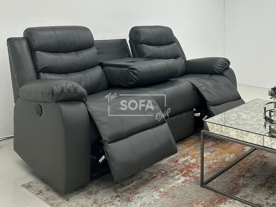 Chelsea 3 Seater Electric Recliner Sofa in Grey Leather With Drop-Down Table & Cup Holders - Minor Marks - Second Hand Sofa