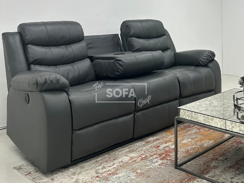 Chelsea 3 Seater Electric Recliner Sofa in Grey Leather With Drop-Down Table & Cup Holders - Minor Marks - Second Hand Sofa