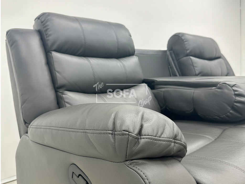 Sorrento 3 Seater Recliner Sofa in Grey Leather with Drop-Down Table & Cup Holders - Customer Return- Second Hand Sofas