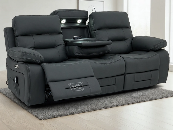 3 Seater Electric Recliner Cinema Sofa in Grey Real Leather | Hi-Tech Cinema Seats with Massage, Drop-Down Table, LED Reading Light, Power Headrest, Power Recliner, Storage Drawer, USB & Wireless Charging | Sicily