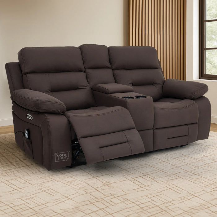 2 Seater Electric Recliner Cinema Sofa in Brown Resillience Fabric | Hi-Tech Cinema Seats with Massage, Console, Power Headrest, Power Recliner, Storage Drawer & USB Ports | Sicily