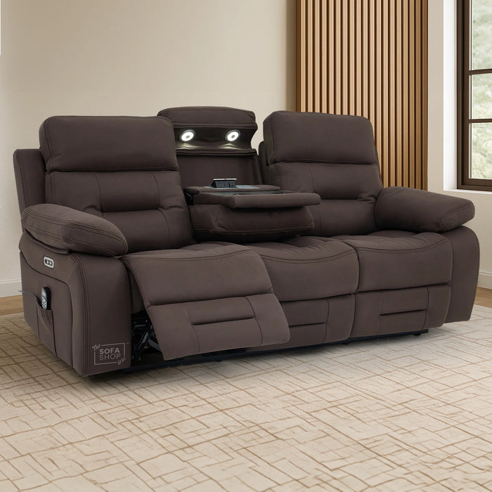 3 Seater Electric Recliner Cinema Sofa in Brown Resillience Fabric | Hi-Tech Cinema Seats with Massage, Drop-Down Table, LED Reading Light, Power Headrest, Power Recliner, Storage Drawer, USB & Wireless Charging | Sicily