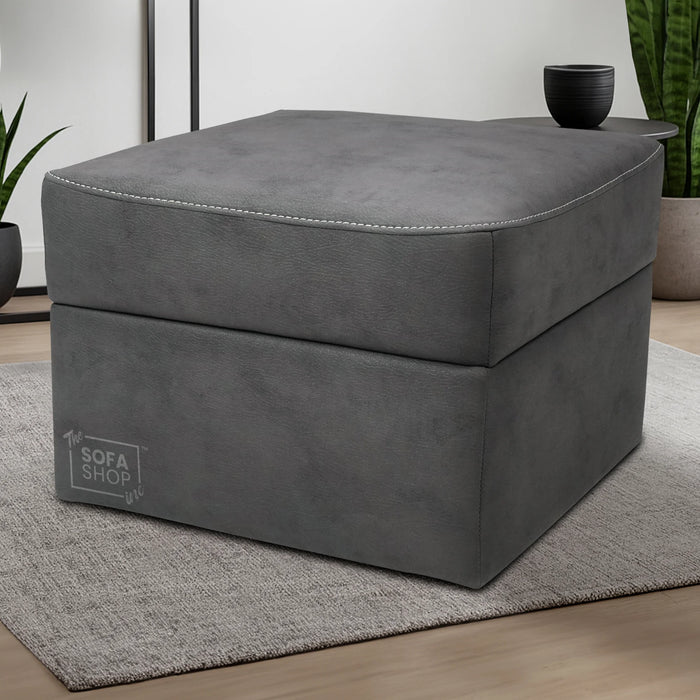 Storage Footstool In Light Grey Fabric With Dark Grey Piping - Sicily
