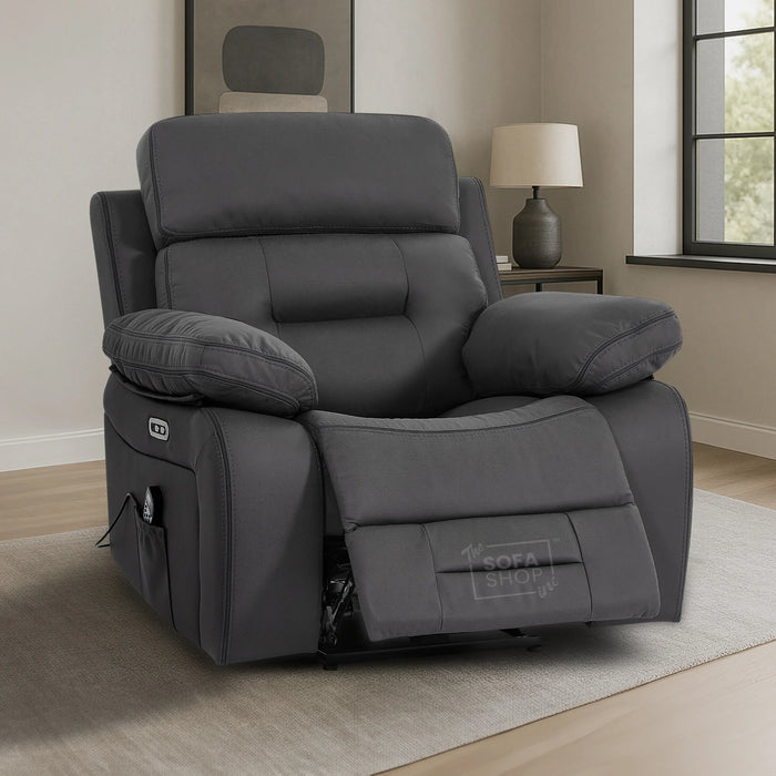 Electric Recliner Chair In Grey Resilience Fabric | Hi-Tech Cinema Seat with Power Headrest,  Massage, Power Recliner & USB Charging Button | Grey Fabric | Sicily