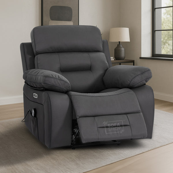 Electric Recliner Chair In Grey Real Leather | Hi-Tech Cinema Seat with Power Headrest, Massage, Power Recliner & USB Charging Button | Grey Real Leather | Sicily