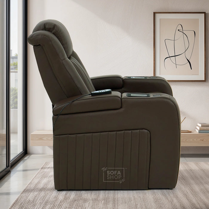 Electric Recliner Cinema Chair in Dark Brown Genuine Leather | Massage,  Heated Lumbar + Heating & Cooling Cup Holders & Power Headrest | Capri | The Sofa Shop