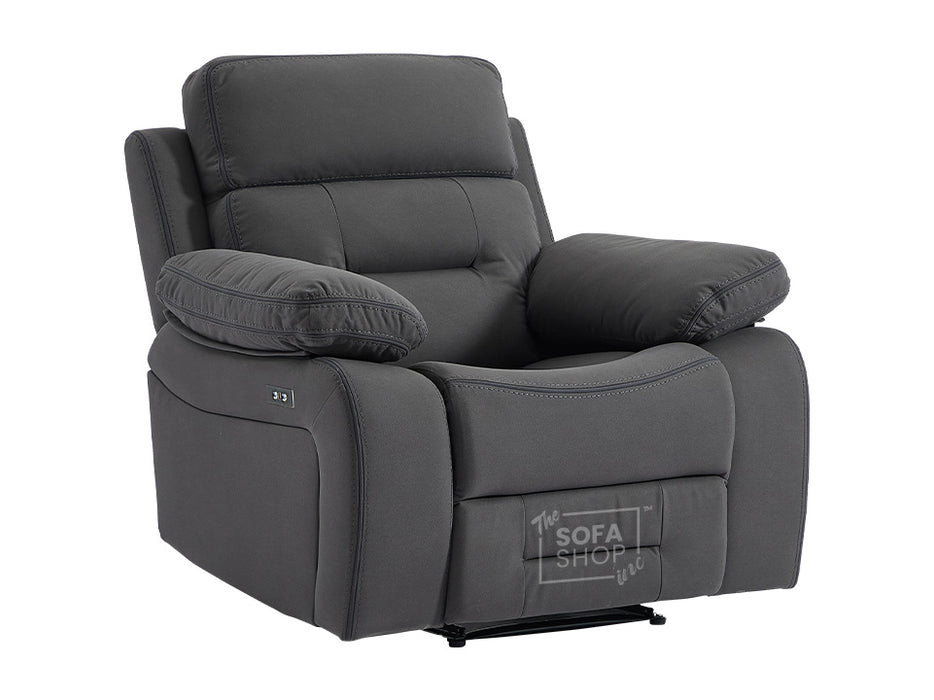 3 2 1 Electric Recliner Sofa Set. 3 Piece Recliner Sofa Package Suite in Grey Velvet with Drop Down Table & Drink Holders & USB Ports- Foster