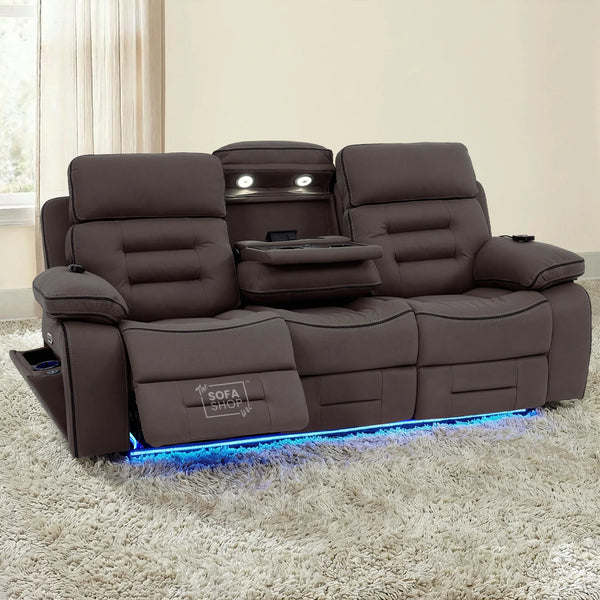 3 Seater Electric Recliner Cinema Sofa in Dark Brown Fabric | Hi-Tech Sofa With Massage, Fold-Down Table, Bluetooth Speakers, LED Lights & Power Headrest | Tuscany | The Sofa Shop
