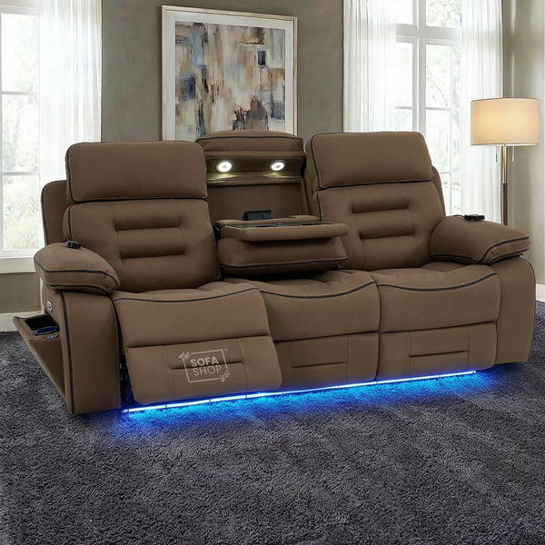 3 Seater Electric Recliner Cinema Sofa in Mocha Brown Fabric | Hi-Tech Sofa With Massage, Heat, Fold-Down Table, Bluetooth Speakers, LED Lights & Power Headrest | Tuscany | The Sofa Shop