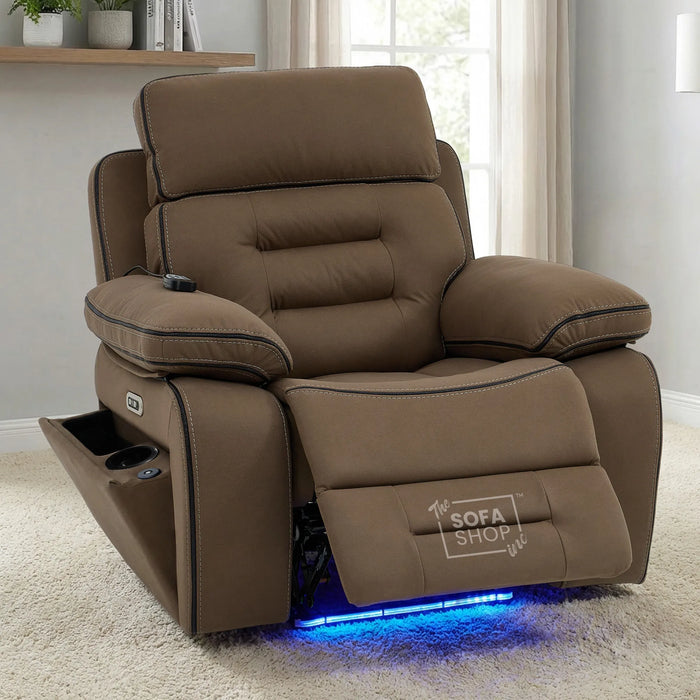1 Seater Mocha Brown Fabric Electric Recliner Cinema Armchair | Hi-Tech Chair With Vibration Massage, Heated Lumbar & Power Adjustable Headrest | Tuscany | The Sofa Shop