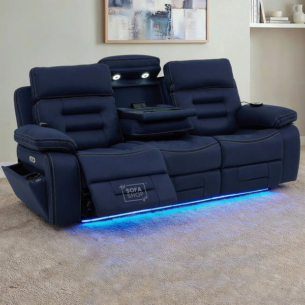 3 Seater Blue Fabric Electric Recliner Cinema Sofa | Hi-Tech Sofa With Massage, Heat, Multi-Link Bluetooth, Fold-Down Table & Wireless Charger, Power Headrest | Tuscany | The Sofa Shop