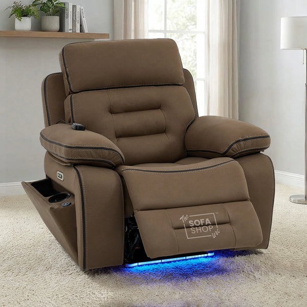 1 Seater Mocha Brown Fabric Electric Recliner Cinema Armchair | Hi-Tech Chair With Vibration Massage, Heated Lumbar & Power Adjustable Headrest | Tuscany | The Sofa Shop