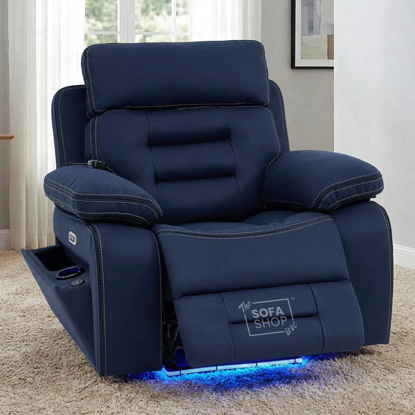 1  Seater Blue Fabric Electric Recliner Armchair with Massage, Heated Lumbar, Cooling Cupholder, LED Lights & Power Headrest | Tuscany | The Sofa Shop