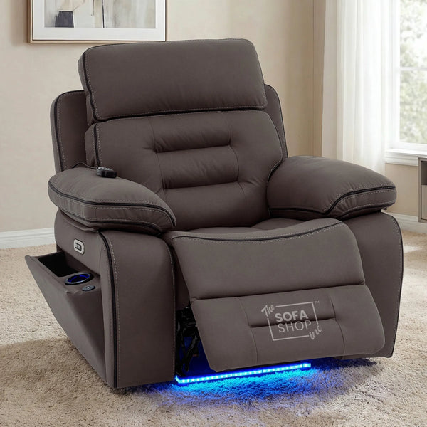 1 Seater Dark Brown Fabric Electric Recliner Cinema Armchair | Hi-Tech Recliner Chair with 8-Point Massage, Heated Lumbar, Cooling Cupholder, Power Headrest & Power Grommet | Tuscany | The Sofa Shop
