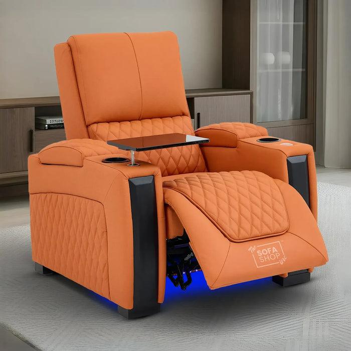 1 Seat Real Leather Electric Recliner Chair Home Cinema Sofa in Orange with Massage + LED Cup Holders + Compact, Space Saving Design & Lumbar Support | Assisi