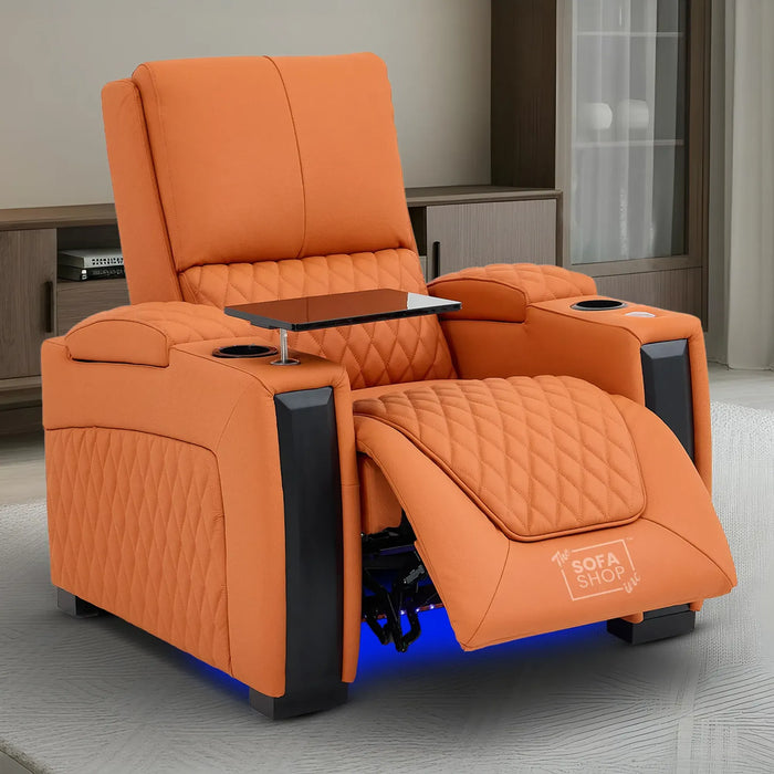 1 Seat Real Leather Electric Recliner Chair Home Cinema Sofa in Orange with LED Cup Holders + Compact, Space Saving Design & Lumbar Support | Assisi