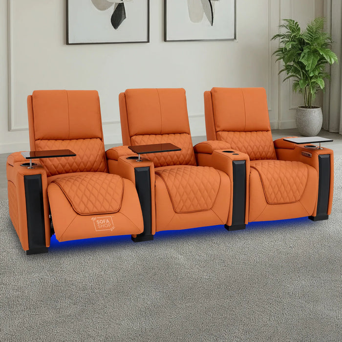 3 Seater Cinema Sofa in Orange Real Leather | Luxury Theatre & Home Cinema Seating | Electric Recliner With USB Charging + Cupholders & Power Headrests | LED Lighting & Hidden Storage | Assisi