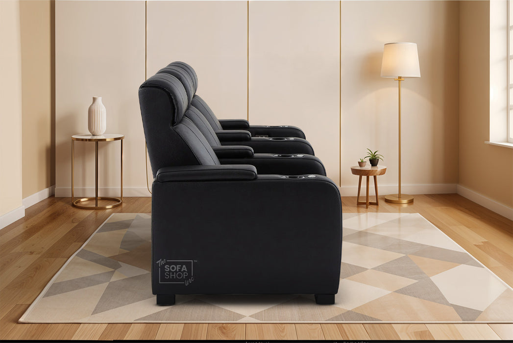 3 Seat Real Leather Electric Recliner Home Cinema Theatre Sofa in Black with Cupholders + USB + LED Lights | Rimini Series One