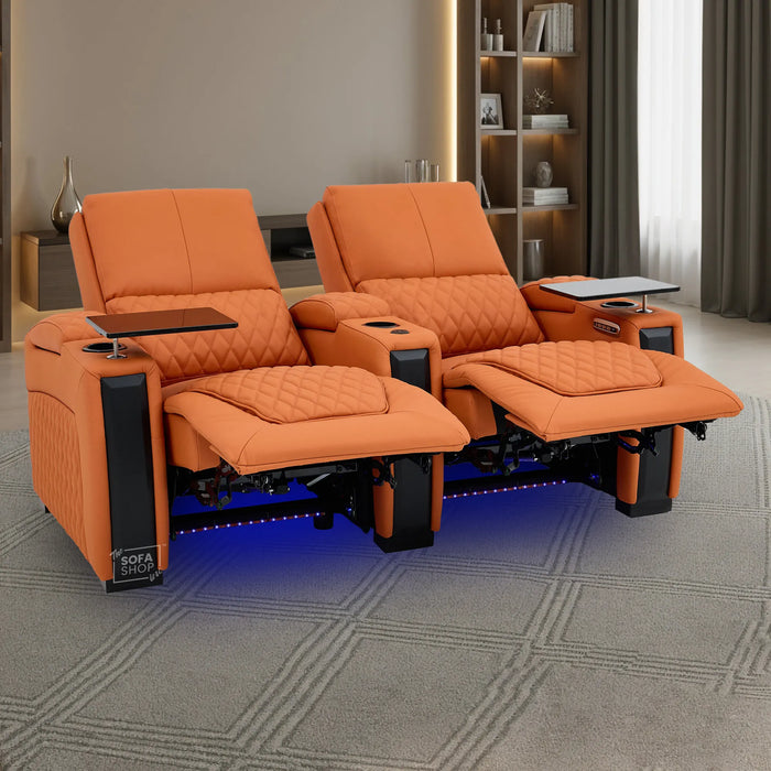 2 Seater Cinema Sofa in Orange Real Leather | Luxury Theatre & Home Cinema Seating | Electric Recliner With Cooling Cup Holders + Lumbar Support | USB Charging + LED Lights | Assisi