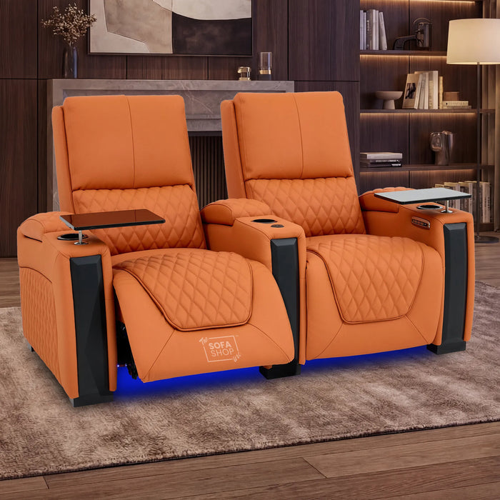 2 Seater Cinema Sofa in Orange Real Leather | Luxury Theatre & Home Cinema Seating | Electric Recliner With Cooling Cup Holders + Lumbar Support | USB Charging + LED Lights | Assisi