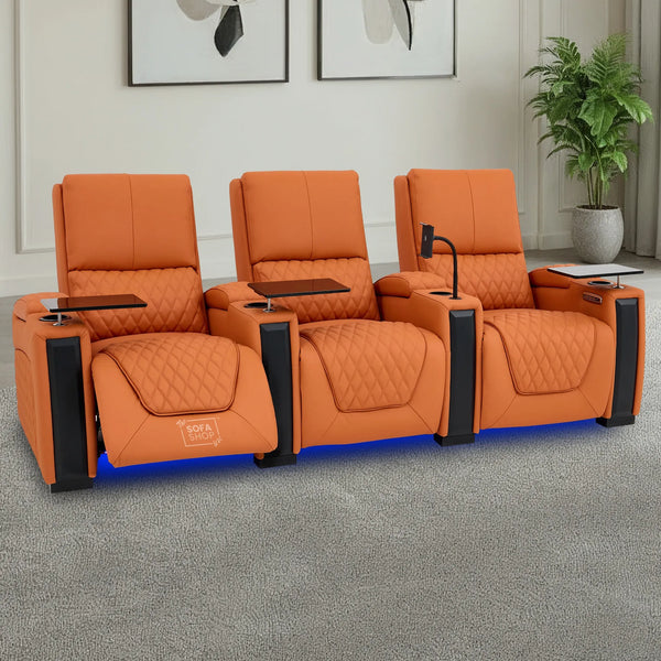 3 Seater Cinema Sofa in Orange Real Leather | Luxury Theatre & Home Cinema Seating | Electric Recliner With USB Charging + Cupholders & Power Headrests | LED Lighting & Hidden Storage | Assisi