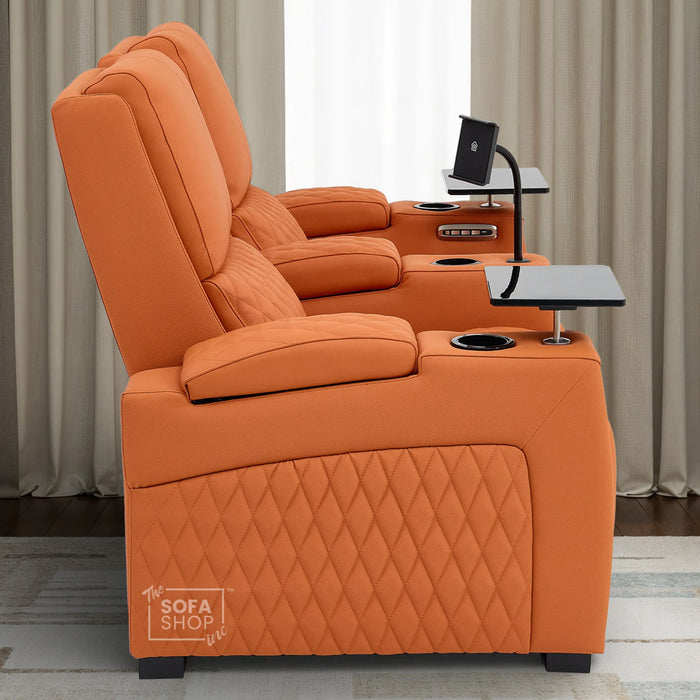 2 Seater Cinema Sofa in Orange Real Leather | Luxury Theatre & Home Cinema Seating | Electric Recliner With Cooling Cup Holders + Lumbar Support | USB Charging + LED Lights | Assisi
