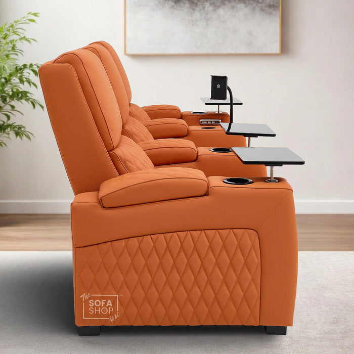 3 Seater Cinema Sofa in Orange Real Leather | Luxury Theatre & Home Cinema Seating | Electric Recliner With USB Charging + Cupholders & Power Headrests | LED Lighting & Hidden Storage | Assisi