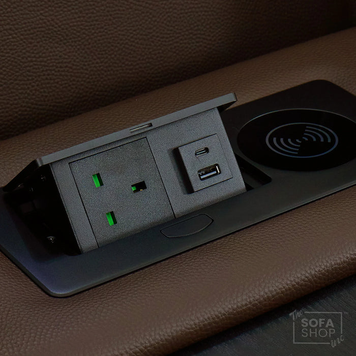 Dark Brown Real Leather 3 Seater Cinema Sofa | Electric Recliner Couch with Massage, Heat, Fold-Down Table & Wireless Charger | Capri | The Sofa Shop