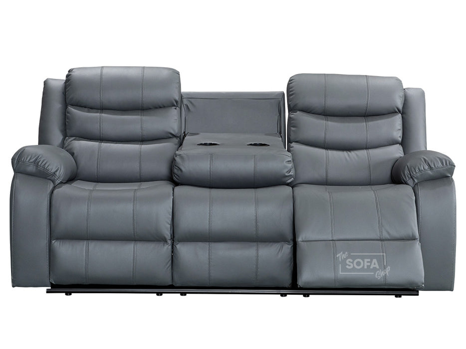 3+3 Leather Sofa Set & Recliner Sofa Package in Grey With Drop-Down Table & Cup Holders - Sorrento
