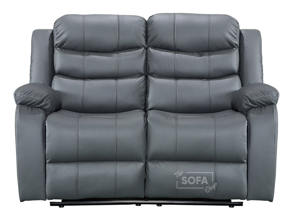3 2 Recliner Sofa Set Plus Pouffe & Footstool in Grey Leather with Drop-Down Table & Drink Holders - Sorrento