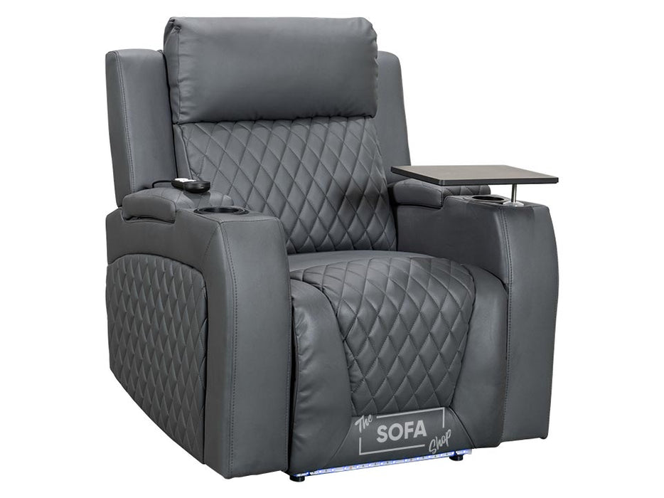 Electric Recliner Chair & Cinema Seat in Grey Leather with Massage, Chilled Cup Holders, and USB - Venice Series One