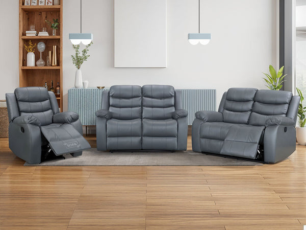 3 Piece Sofa Set - Recliner Sofa - 2+2+1 Seat Sofa Suite Package in Grey Leather - Sorrento