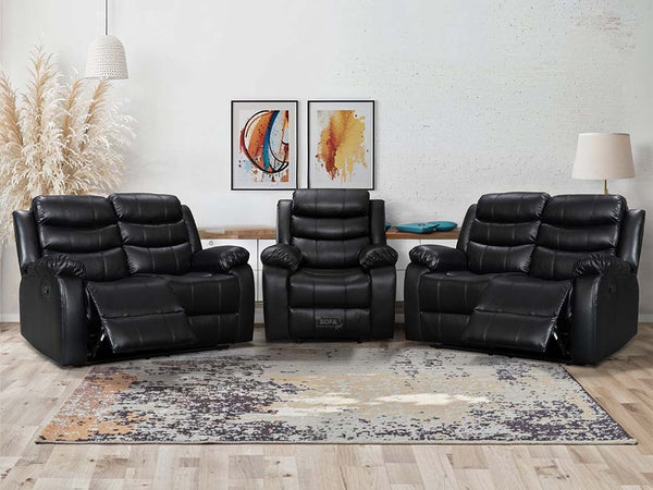 3 Piece Sofa Set - Recliner Sofa - 2+2+1 Seat Sofa Suite Package in Black Leather - Sorrento