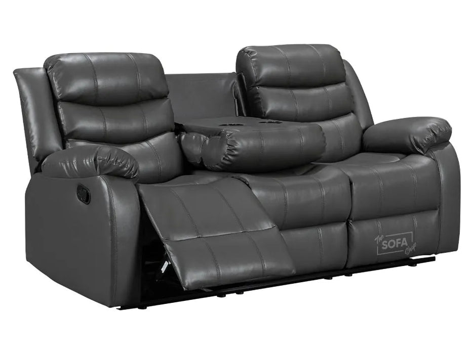 3 Seater Recliner Sofa in Dark Grey Leather with Drop-Down Table & Cup Holders | Sortino | Free Assembly Included