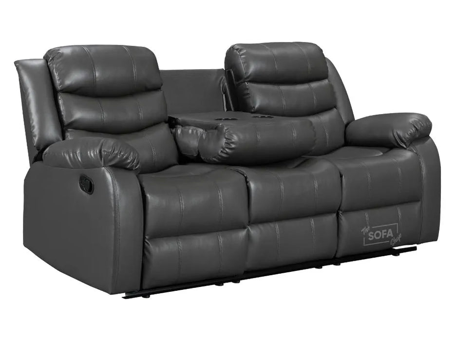 3 Seater Recliner Sofa in Dark Grey Leather with Drop-Down Table & Cup Holders | Sortino | Free Assembly Included